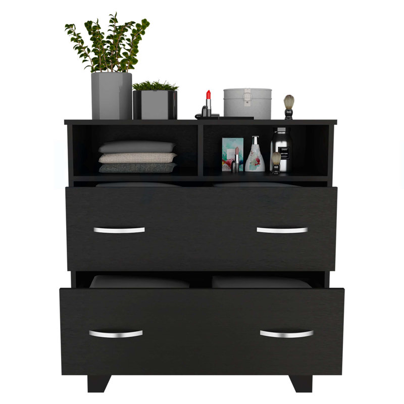 Commode 2 tiroirs Portobelo, 2 tablettes, plateau supérieur, 4 pieds