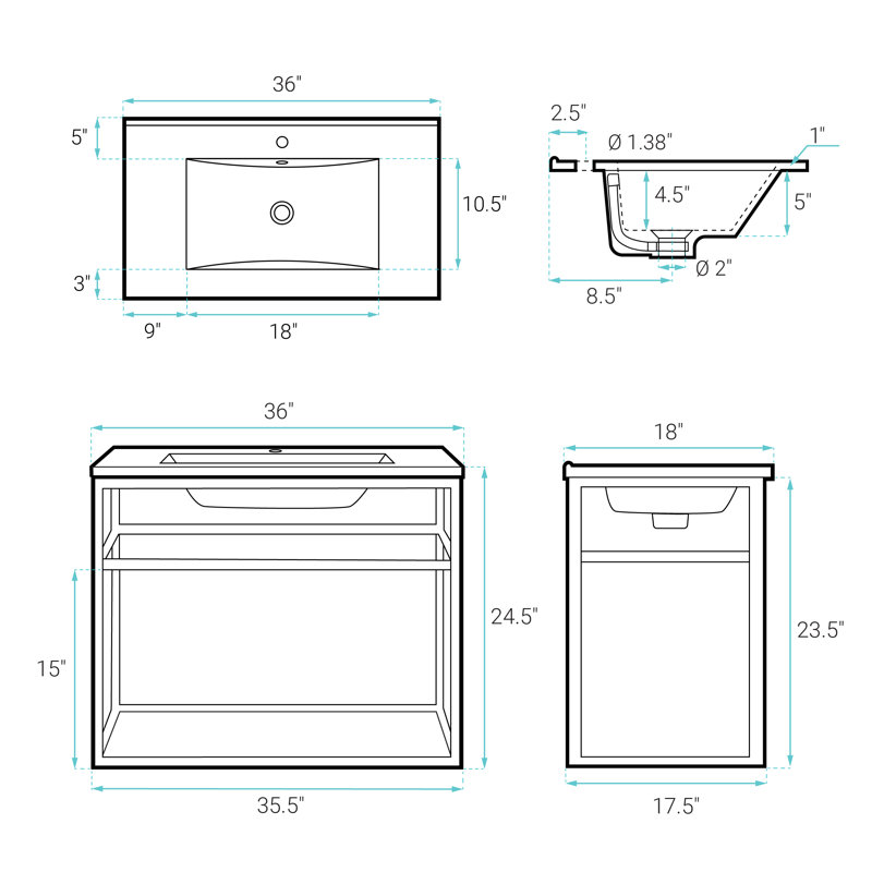 Meuble-lavabo simple 36 po avec tablette ouverte Pierre, Chrome