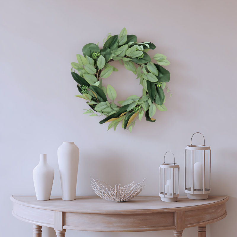 22 inch Artificial Spring Wreath with Eucalyptus Leaves, Magnolia Blooms, Flowing Green Stems, Realistic Decoration for Front Door or Indoor Décor