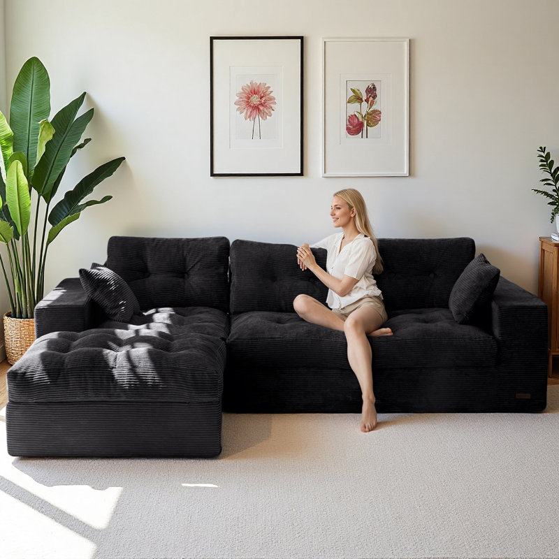Boneless Corduroy Cloud Modular Couch,4-in-1 Flexible Combination Sectional Sofa, Black, 22" H x 104" W x 37.75" D