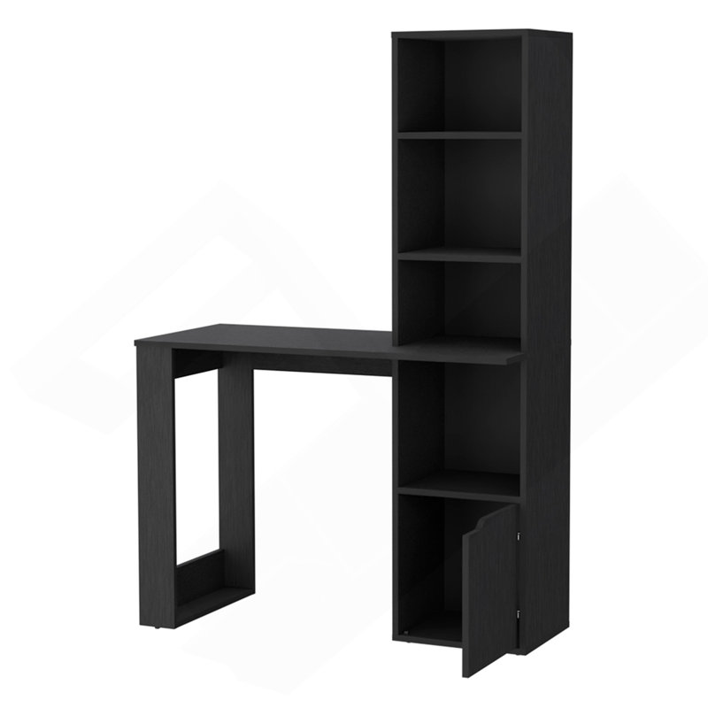Bureau d'ordinateur avec bibliothèque à 4 niveaux et armoire à 1 porte Wengé
