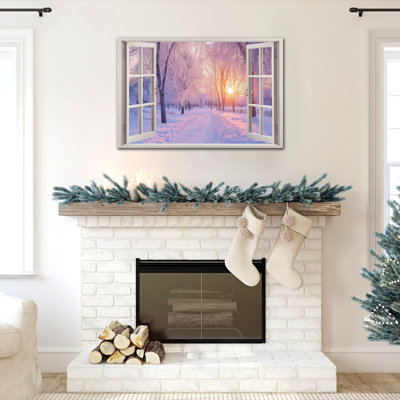 Grande toile d'hiver vue de la fenêtre ouverte, coucher de soleil sur la forêt enneigée, impression de photos, scène d'hiver, affiche murale pour salon, chambre à coucher, bureau, décoration murale, encadrée 12 x 16 - 36 x 48, 20 po x 30 po