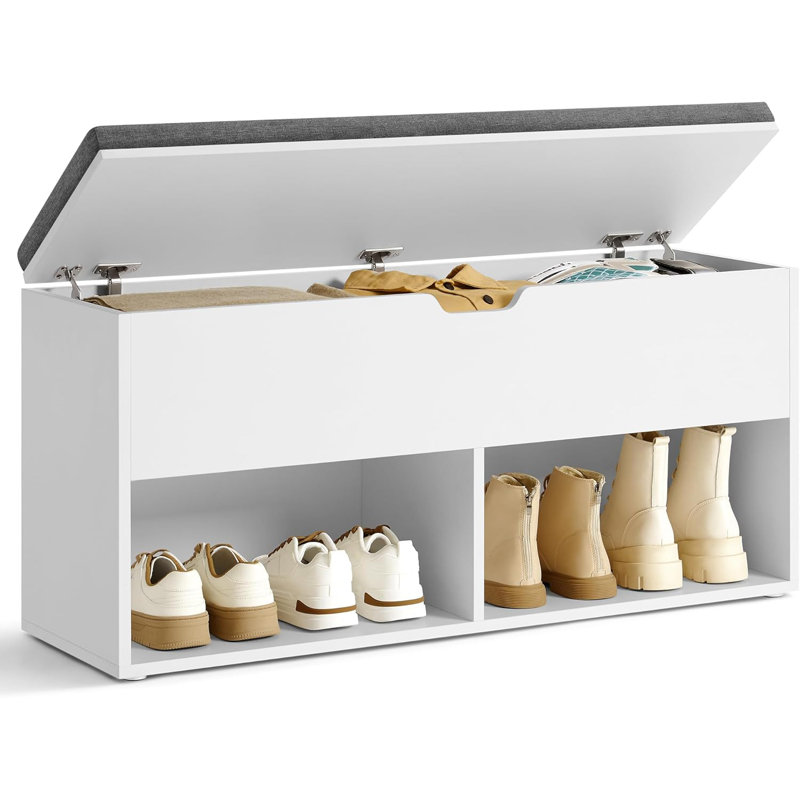 Shoe Bench With Cushion, Storage Bench, Entryway Bench With Storage, Shoe Rack Bench, 2 Open And 1 Hidden Compartments, Shoe Shelf, For Living Room, Bedroom, White And Grey