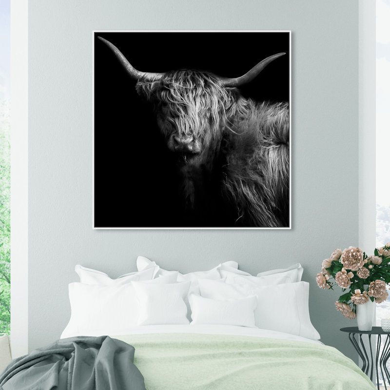 Realistic Black And White Highland Cow Photography Print by Oliver Gal, White Floater Framed, 41" H x 41" W