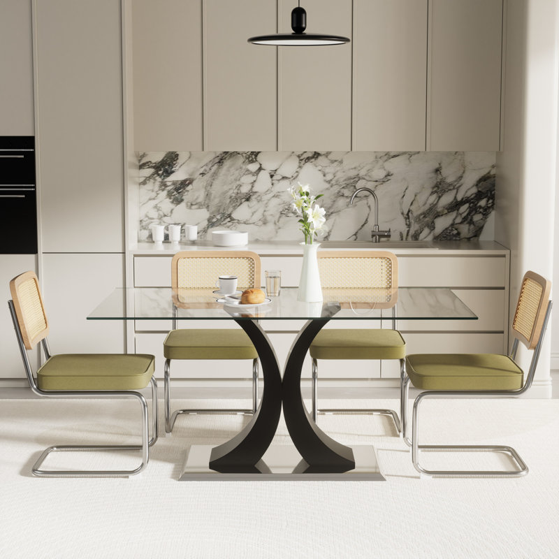 Ensemble de salle à manger rectangulaire, Noir, Vert olive, 5 pièces: table, 4 chaises
