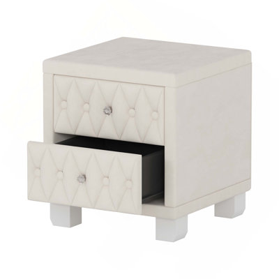 Elegant Velvet Nightstand with 2 Drawers and Crystal Handle, Storage Bedside Table with Button-Tufted