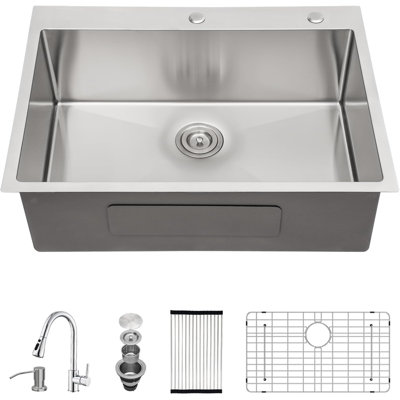 Évier de cuisine à montage sur comptoir avec robinet et évier combiné à rebord et robinet coulissant à simple cuve en acier inoxydable T304 de calibre 16 fabriqué à la main (nickel brossé, 30 x 19)