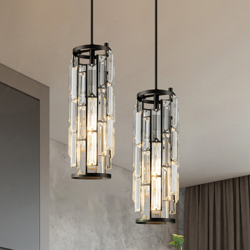 Taveyon Crystal Cylinder Pendant Lights Kitchen Island, Matte Black, 2 Lights