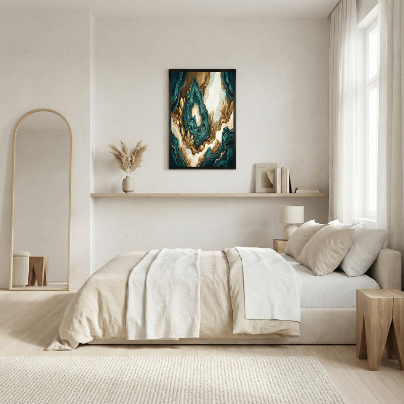 Art mural en toile stylisée avec couches de cristal géode sarcelle et or, H 12 po x l 18 po