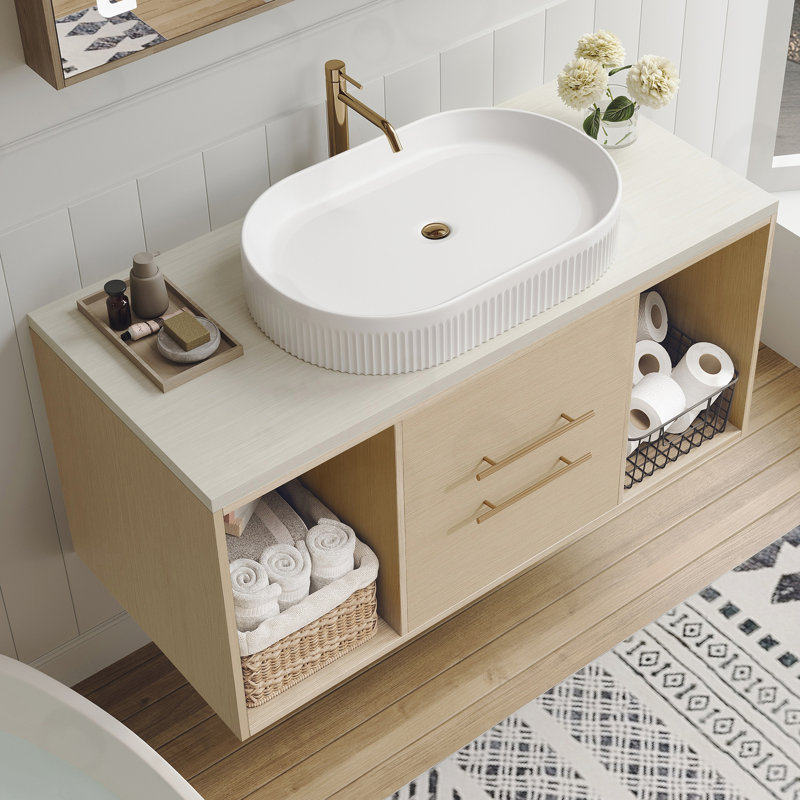 Meuble-lavabo mural avec lavabo ovale en céramique, Naturel
