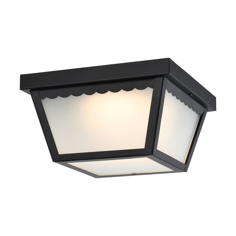 Transitional 9" Black Steel LED Carport Flush Mount with Frosted Glass