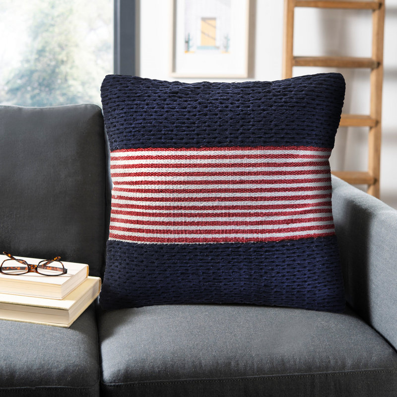 Nautical Striped Woven Hand-Made Cotton Blend Decorative Throw Pillow Cover, Dark Blue/Red, Pillow Cover Only - No Insert
