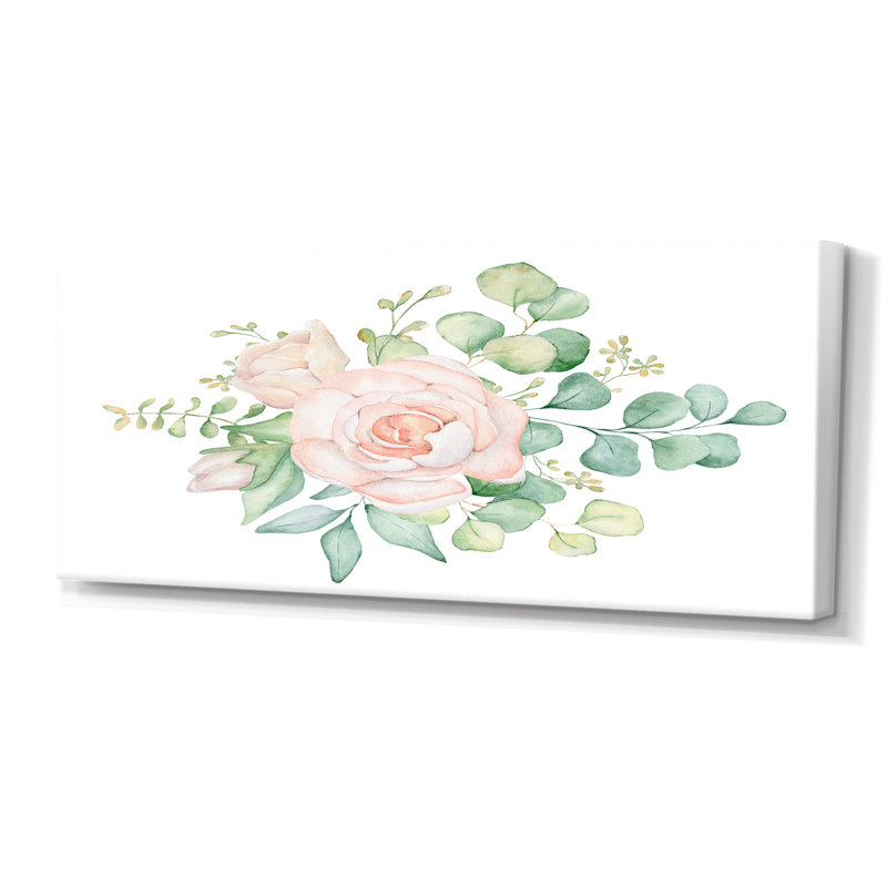 Bouquet de fleurs de rose et d'eucalyptus - Peinture sur toile, H 28 po x l 60 po x P 1,5 po, Toile tendue