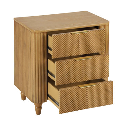 Mid-Century Fluted 3 Drawers Nightstand with Curved Profile, Wide Gold Handles, and Easy Assembly for Modern Bedrooms and Living Rooms