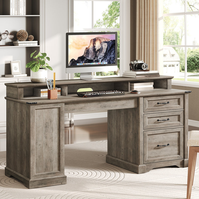 55.1" Farmhouse Executive Desk with Drawers, Computer Desk with File Cabinet and Side Bookshelf, Gray