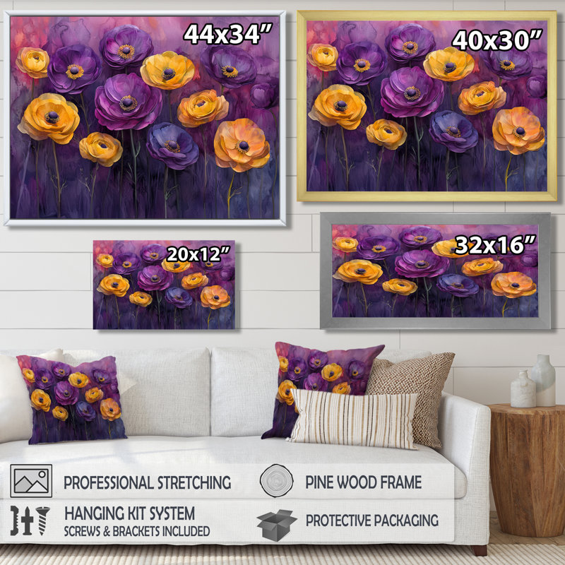 Lavande, fleurs de renoncule champ III - Renoncule, art mural de salon, H 34 po x l 44 po, Encadrement argenté