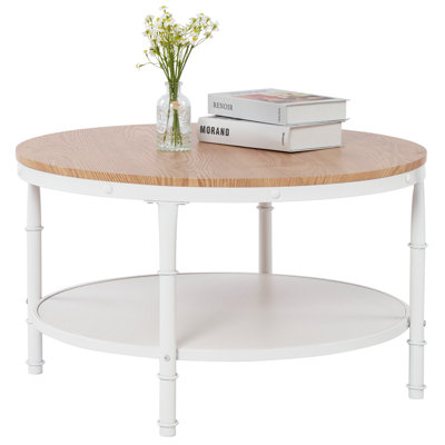 Vintage Brown Round Farmhouse Coffee Table, 2-Tier Storage
