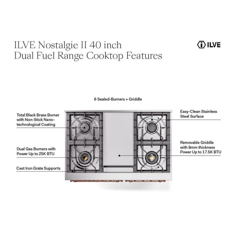 ILVE Nostalgie II 40 in Dual Fuel Range, Natural Gas, Burgundy/Bronze