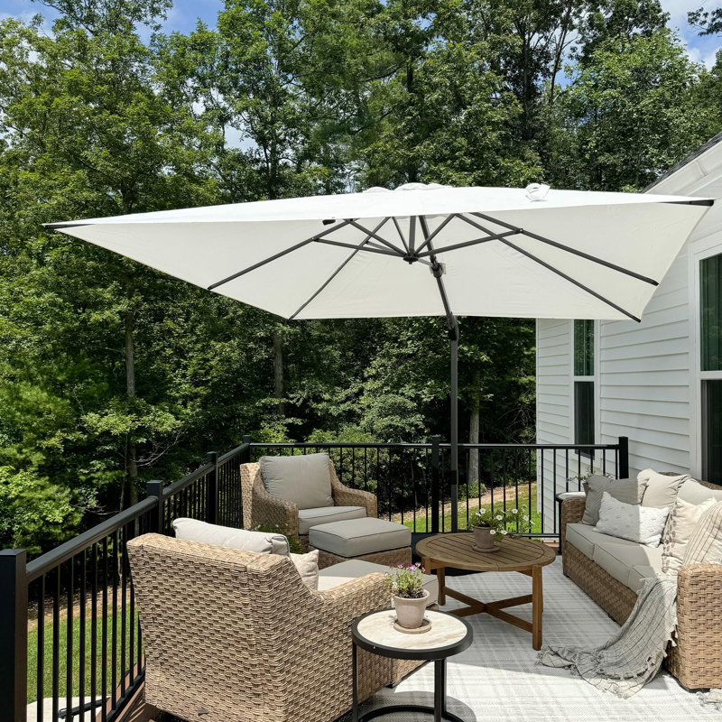 Rocshelle quare Right-left Tilt Cantilever Umbrella with Base and 360-degree Rotation, 100.32"H x 120"W x 120"D, White