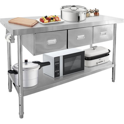 Table en acier inoxydable 59/71 po avec tiroirs et tablette inférieure, table de travail commerciale Capacité de 840 lb pour la cuisine