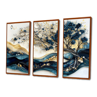 Bleu et blanc, arbre moderne en fleurs III - ensemble d'art mural cerisier en fleurs
