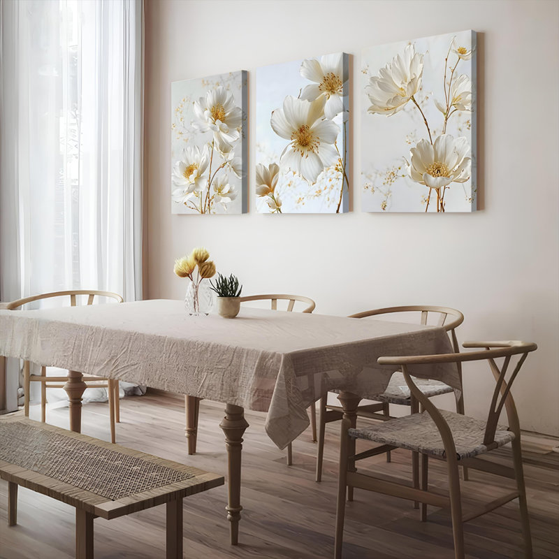 «Elegant White Floral», reproduction d'art sur toile tendue sur toile (ensemble de 3), H 36 po x l 72 po