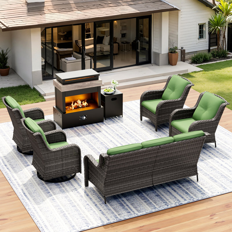 7-Person Outdoor Patio Conversation Rattan Seating Group With 5000BTU Fireplace,4 Chairs and Green Cushions, Green