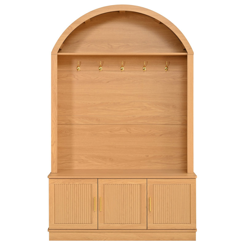 Farmhouse Fabric Arched Top Hall Tree with 7 Metal Hooks, All-in-One Mudroom Furniture with Adjustable Shelves, Natural