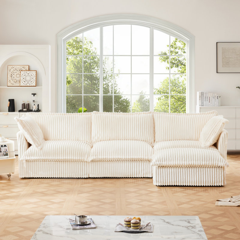Canapé modulaire en L avec housse en L, siège profond confortable avec repose-pieds convertible et 2 grands coussins, 3 places modernes pour le salon, velours côtelé crème