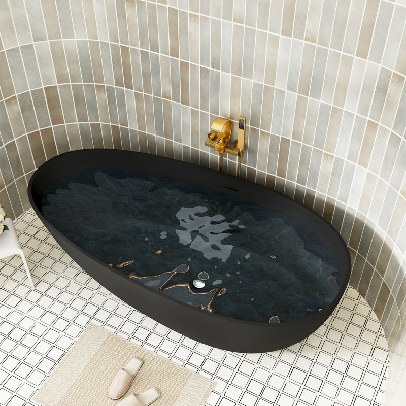 Egg Harbor 59" x 30" Freestanding Soaking Bathtub Solid Surface Stone Space-Saving Design Matte Finish (Black/White/Gray)