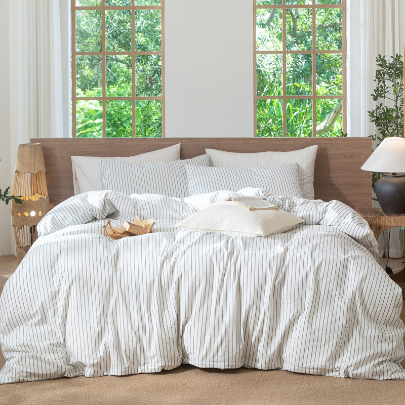MooMee Striped Duvet Cover Set 100% Washed Cotton Linen Like Textured, King Duvet Cover + 2 King Pillowcases