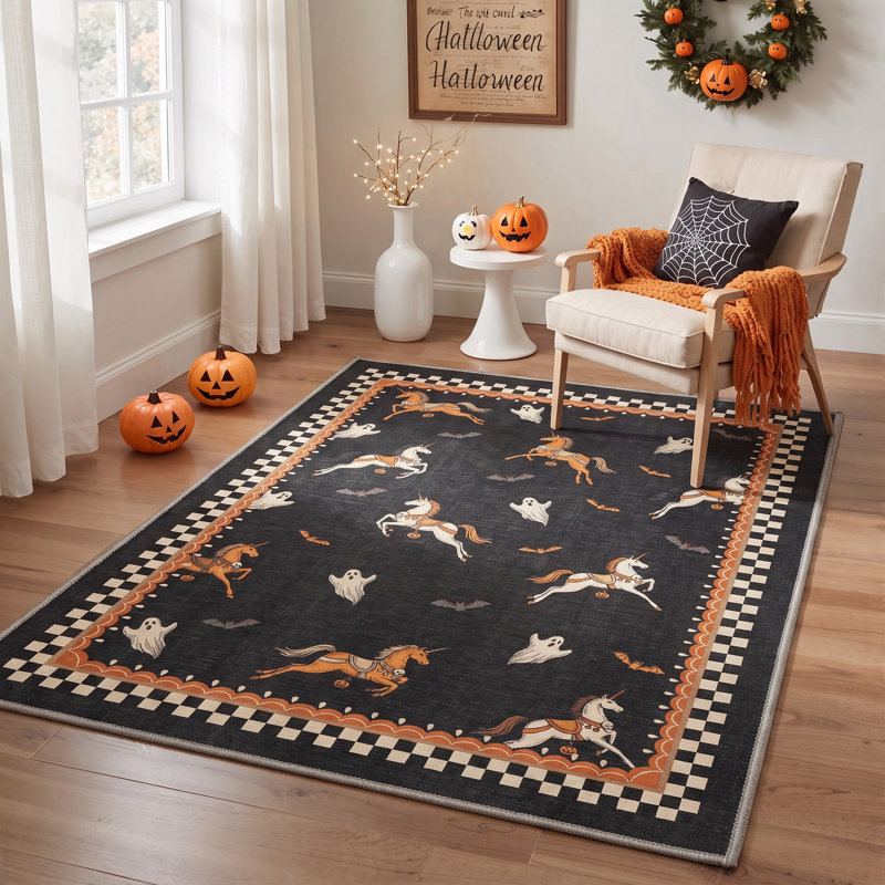 Tapis d'Halloween fantôme et chauve-souris, noir/orange, lavable à la machine, à poils courts, antidérapant, Runner 2' x 6'