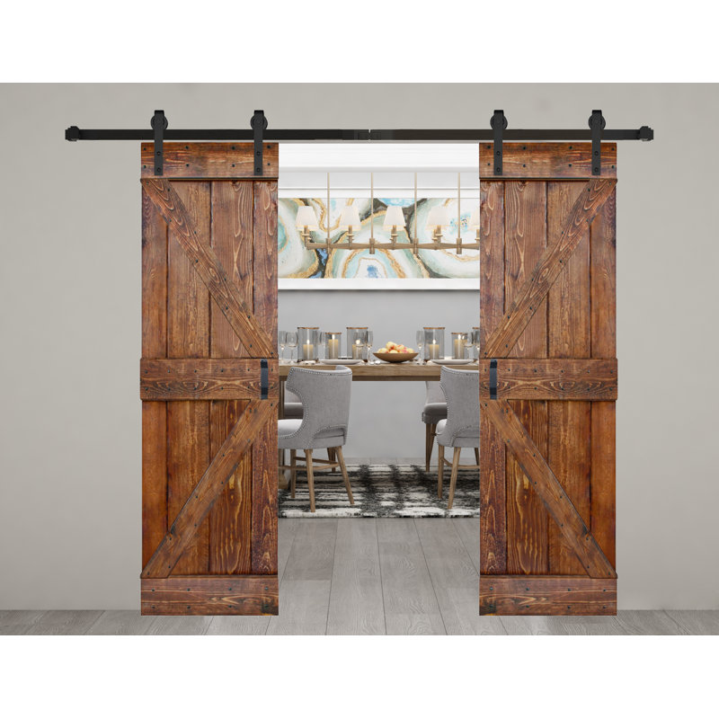 Porte de grange coulissante double en bois massif de style K avec ensemble de quincaillerie - Assemblage requis