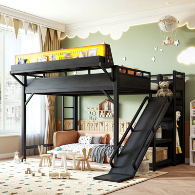 Lit mezzanine avec glissade, tablettes de rangement et garde-robe intégrée, cadre de lit mezzanine en métal avec ports USB et lumières DEL, avec panneau perforé, sécuritaire et solide