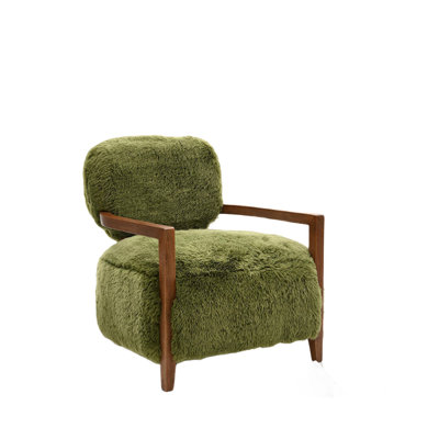 Emery Accent Chair with Wooden Arms Sculptural Design, Green Faux Fur