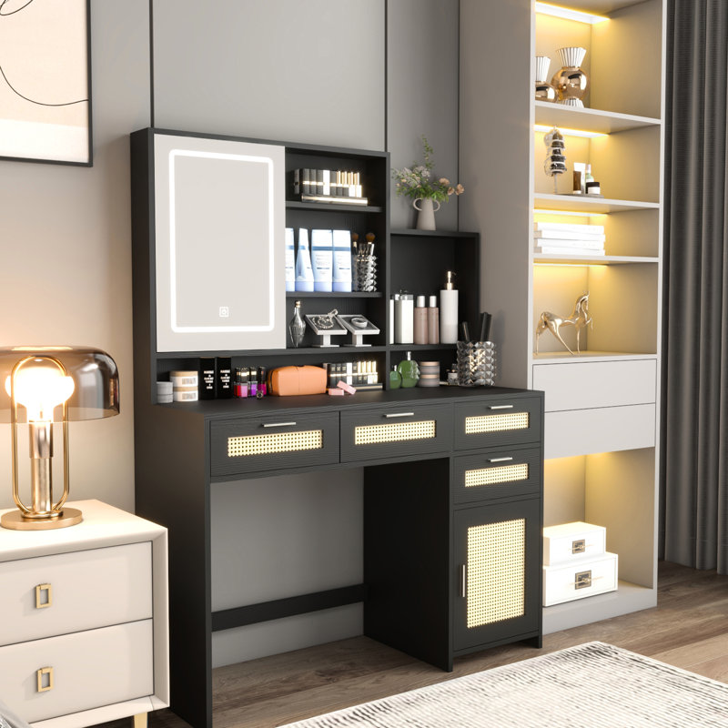 Makeup Vanity With 3 Color Lights & Openable Mirror, 4 Drawers, 1 Cabinet Shelves, For Bedroom, Black Lighted Mirror Drawer Up, Drawers Cabinet, Bedroom Dresser, Item