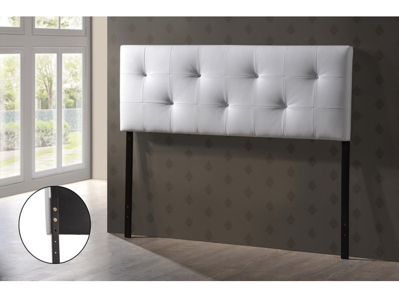 White Faux Leather Tufted Queen Headboard with Crystal Buttons