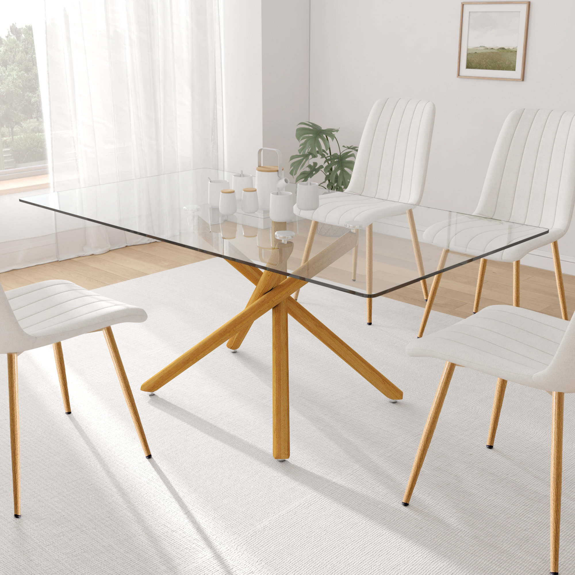 Rectangular glass dining table 2024 with wooden legs