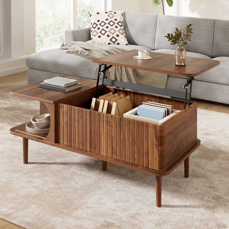 Retro Lift-Top Coffee Table with Sliding Door & Hidden Storage, Extendable MDF Desk with Wood Legs, Walnut