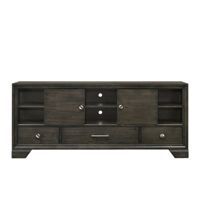 Contemporary TV Stand 1Pc Rich Dark Finish Metal Hardware Sliding Doors Open Shelves Lower Drawers Wooden Living Room Furniture Brown