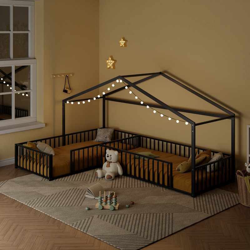 Double Twin Size L-Shaped Montessori Bed, Metal Corner House Bed Frame with Fence, Ideal for Safe and Comfortable Sleep for Two Kids