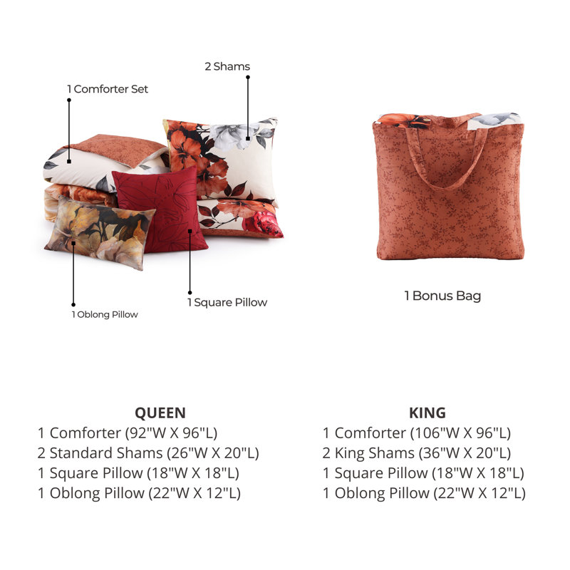 Bebejan Carnelian Flora 5 Piece Reversible Comforter Set, Queen Comforter + 4 Additional Pieces