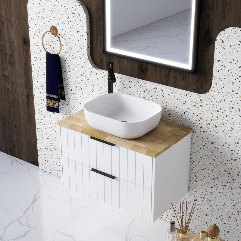 Meuble-lavabo mural 32 po à double tiroir, lavabo carré en céramique, design minimaliste moderne, alliant fonctionnalité et style