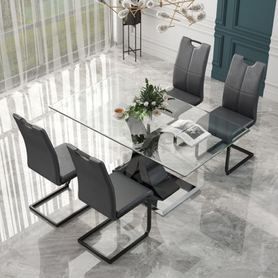 Modern Rectangle Tempered Glass Pedestal Dining Set with Faux Leather Dining Chair