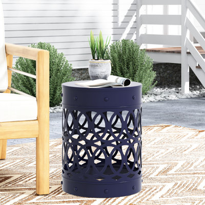 Large Outdoor Metal End Table. Modern Style, Navy Blue. Iron Cut Frame, Powder-Coated. No Assembly. 13.9In X 18In, 4.68Lb Side Design, Cut, 13.9In.X13.9In.X18.21In.,
