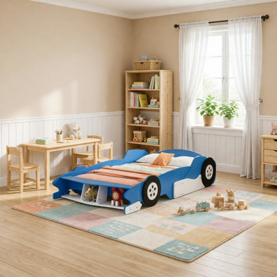 Lit plateforme double en forme de voiture de course avec roues, bleu