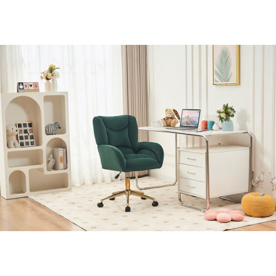 Fauteuil de bureau pivotant en velours 360 avec base en métal doré et roues universelles, vert