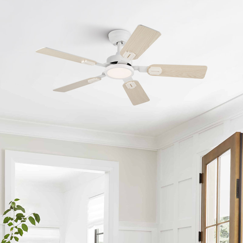 42" 5 - Blade Small Room Ceiling Fan with LED Light in White, White/Light Yellow Wood