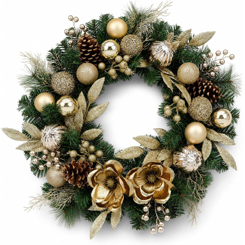 Couronne de Noël artificielle 24 po Aplition avec fleurs de magnolia doré champagne