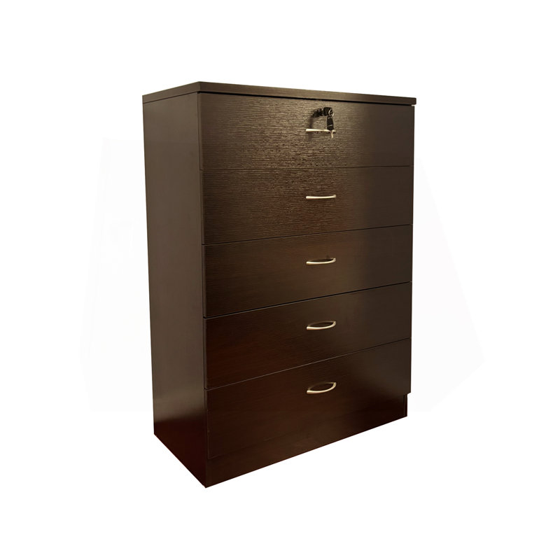 Commode à cinq tiroirs avec poignées en métal et tiroir supérieur verrouillable, Brun